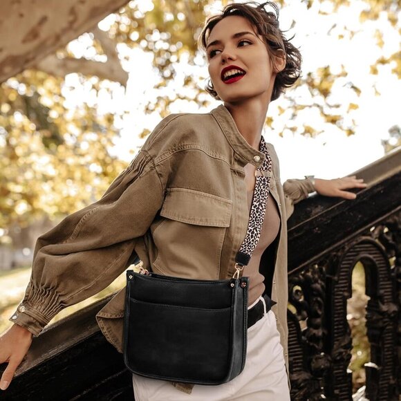 Women's Crossbody Shoulder Bag with Leopard Guitar Strap,Vegan Faux Leather Purs - Picture 2 of 9